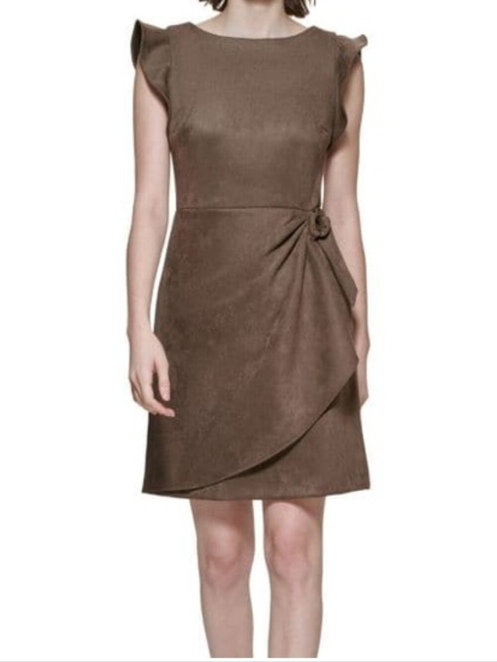 DKNY Brown Faux-Suede Ruffle Sleeve Mini Dress Size 6